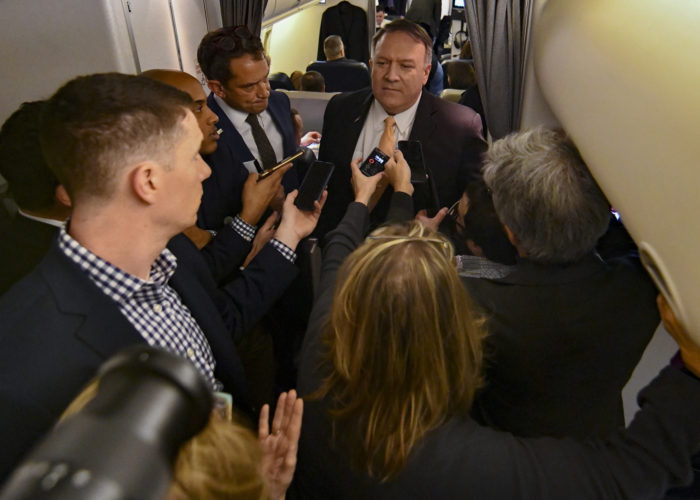 Pompeo with traveling press on Middle East trip, Jan. 7, 2019. (State Department photo by Ron Pryzsucha)