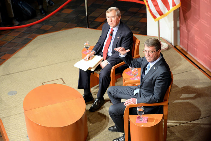 Graham Allison, left, moderating discussion with Defense Secretary Ash Carter at Harvard University’s John F. Kennedy Jr. Forum in Cambridge, Mass., 2015. (DoD photo by U.S. Army Sgt. 1st Class Clydell Kinchen)